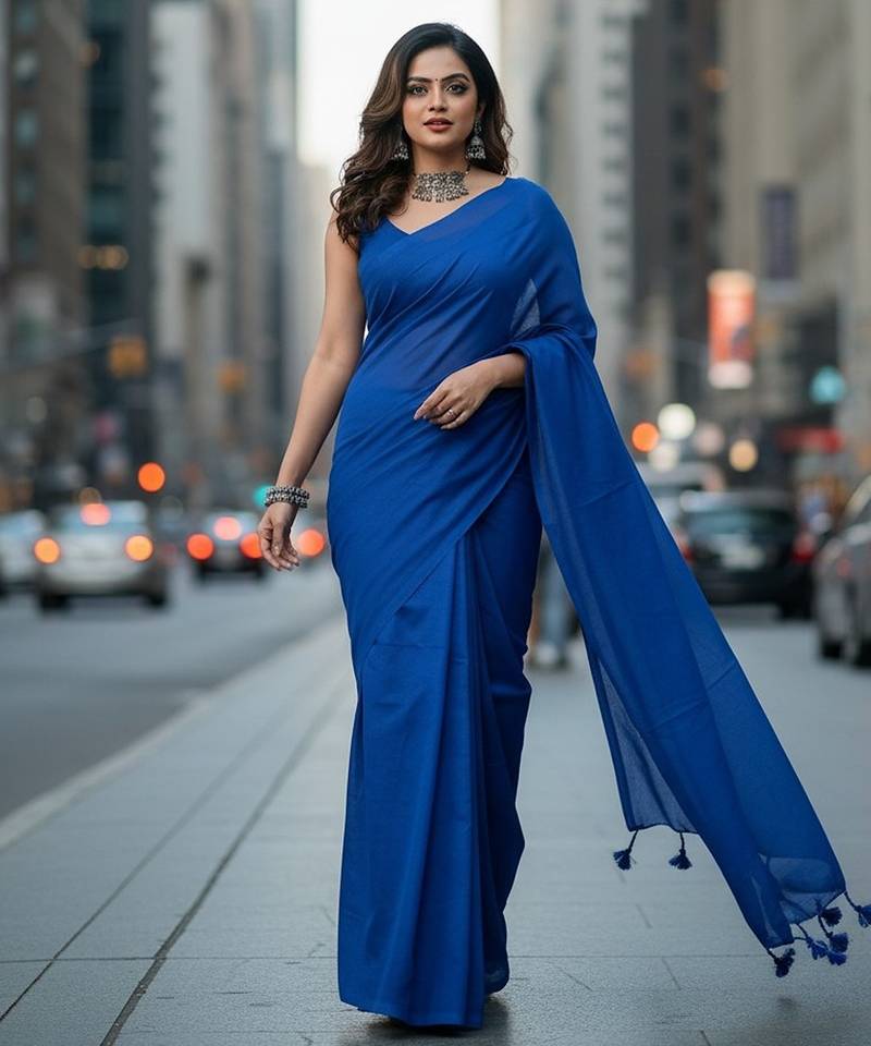 Blue fancy cotton handloom saree with blouse piece for women