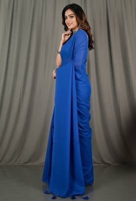Blue fancy cotton handloom saree with blouse piece for women 2