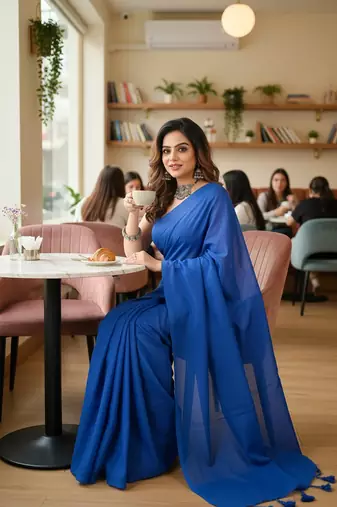 Blue fancy cotton handloom saree with blouse piece for women