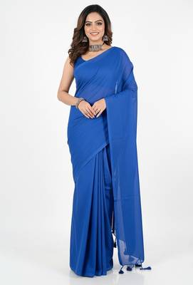 Blue fancy cotton handloom saree with blouse piece for women 4