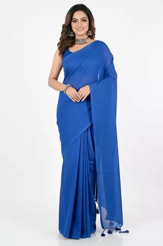 Blue fancy cotton handloom saree with blouse piece for women