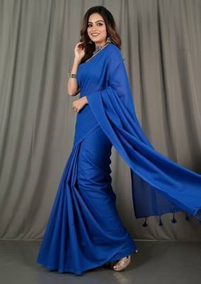 Blue fancy cotton handloom saree with blouse piece for women 5