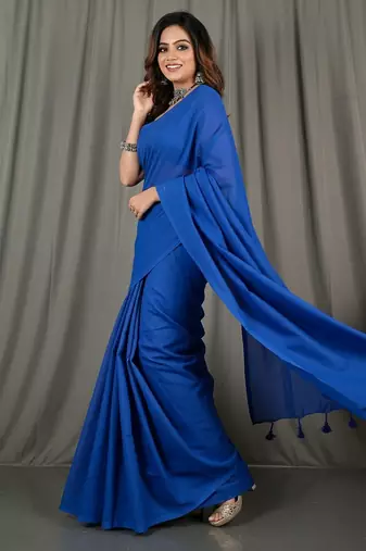 Blue fancy cotton handloom saree with blouse piece for women