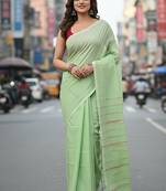 White & green fancy cotton handloom saree with blouse piece for women
