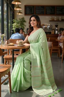 White & green fancy cotton handloom saree with blouse piece for women 2