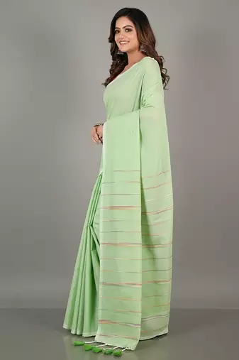 White & green fancy cotton handloom saree with blouse piece for women