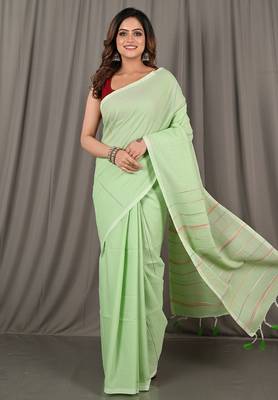 White & green fancy cotton handloom saree with blouse piece for women 4
