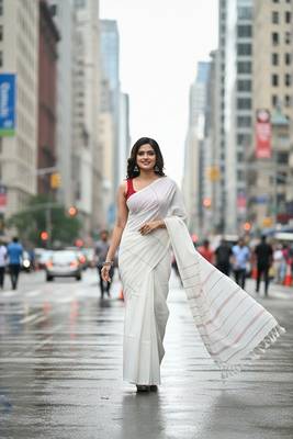 White fancy cotton handloom saree with blouse piece for women 1