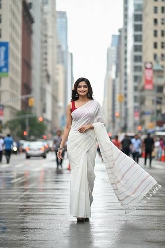 White fancy cotton handloom saree with blouse piece for women