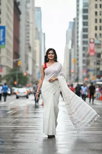 White fancy cotton handloom saree with blouse piece for women