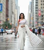 White fancy cotton handloom saree with blouse piece for women