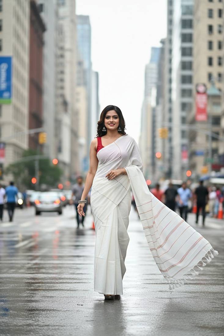 White fancy cotton handloom saree with blouse piece for women