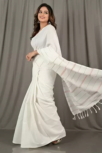 White fancy cotton handloom saree with blouse piece for women