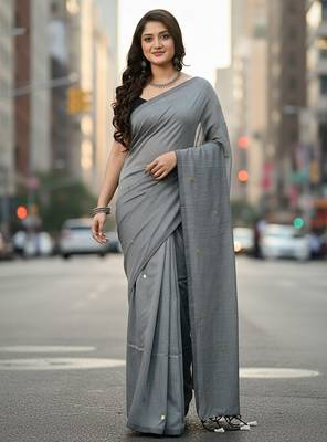 Blue fancy cotton handloom saree with blouse piece for women 1