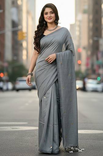 Blue fancy cotton handloom saree with blouse piece for women