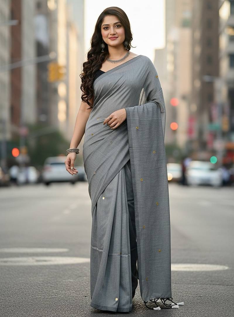 Blue fancy cotton handloom saree with blouse piece for women