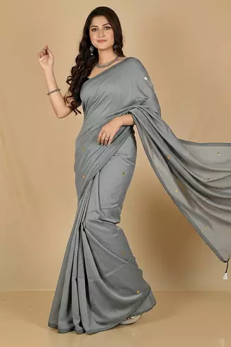Blue fancy cotton handloom saree with blouse piece for women