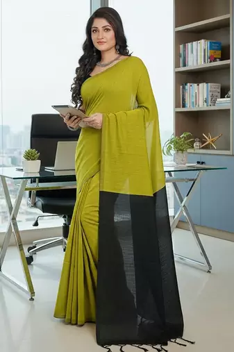 Yellow & black fancy cotton handloom saree with blouse piece for women