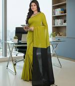 Yellow & black fancy cotton handloom saree with blouse piece for women