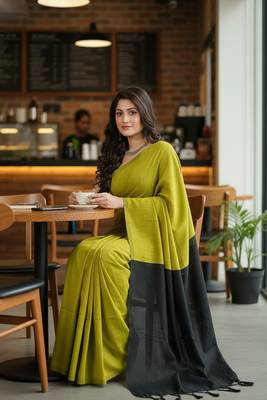 Yellow & black fancy cotton handloom saree with blouse piece for women 2