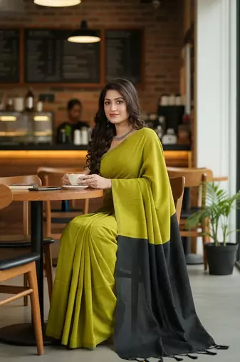 Yellow & black fancy cotton handloom saree with blouse piece for women