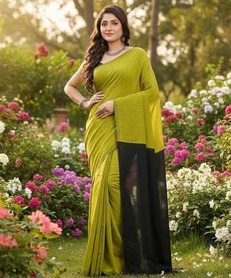 Yellow & black fancy cotton handloom saree with blouse piece for women 3