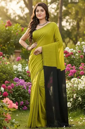 Yellow & black fancy cotton handloom saree with blouse piece for women