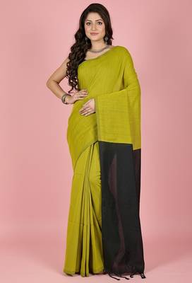 Yellow & black fancy cotton handloom saree with blouse piece for women 4