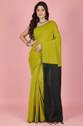 Yellow & black fancy cotton handloom saree with blouse piece for women