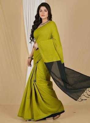 Yellow & black fancy cotton handloom saree with blouse piece for women 5