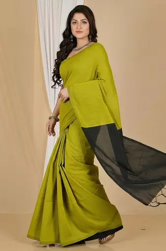 Yellow & black fancy cotton handloom saree with blouse piece for women