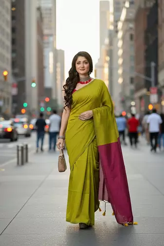 Yellow fancy cotton handloom saree with blouse piece for women