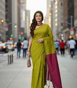 Yellow fancy cotton handloom saree with blouse piece for women