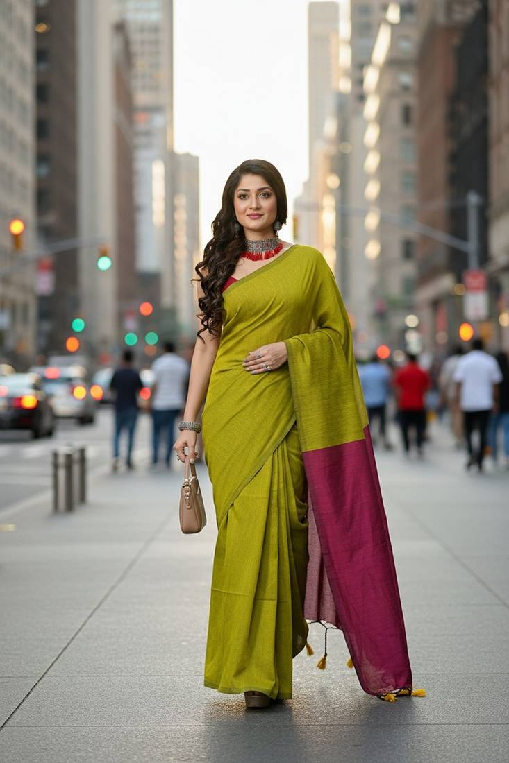 Yellow fancy cotton handloom saree with blouse piece for women