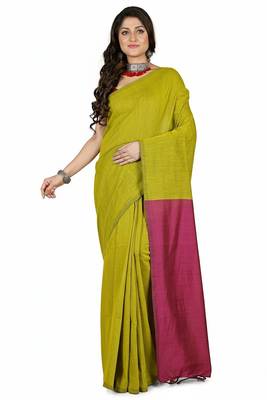 Yellow fancy cotton handloom saree with blouse piece for women 2