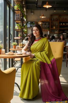 Yellow fancy cotton handloom saree with blouse piece for women 3
