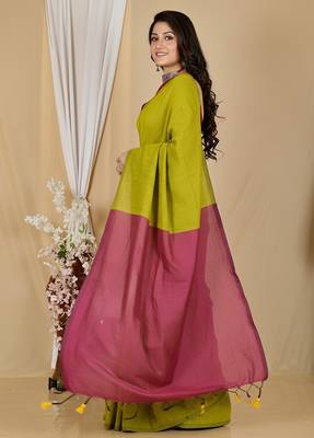 Yellow fancy cotton handloom saree with blouse piece for women 4