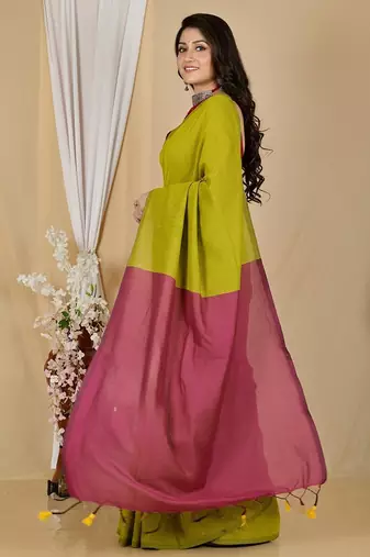 Yellow fancy cotton handloom saree with blouse piece for women