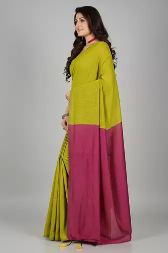 Yellow fancy cotton handloom saree with blouse piece for women