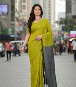 Yellow & grey fancy cotton handloom saree with blouse piece for women