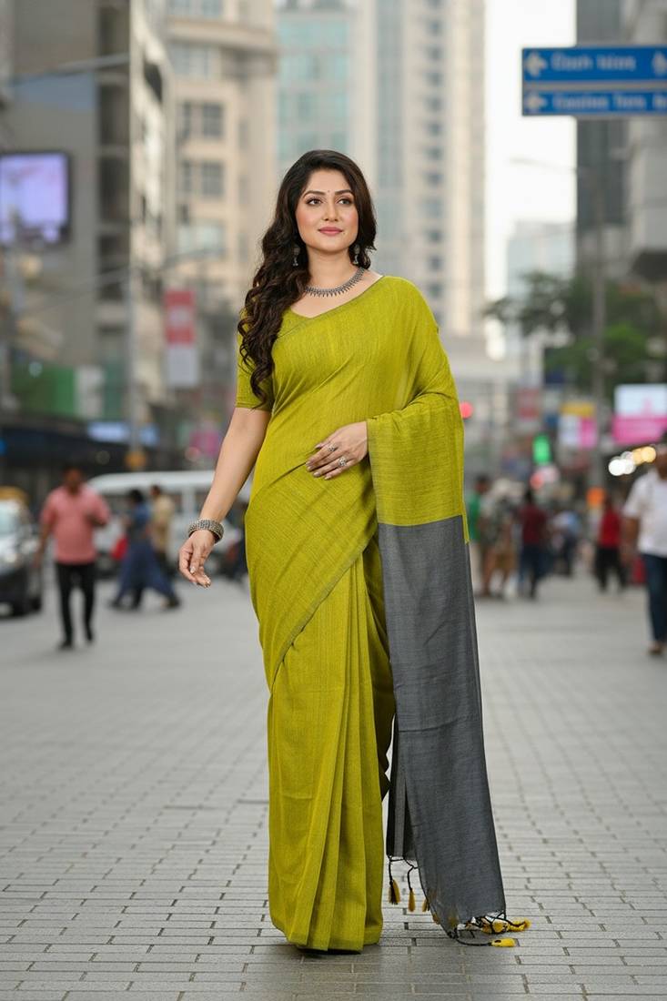 Yellow & grey fancy cotton handloom saree with blouse piece for women