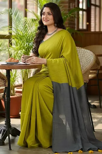 Yellow & grey fancy cotton handloom saree with blouse piece for women