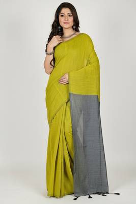 Yellow & grey fancy cotton handloom saree with blouse piece for women 3