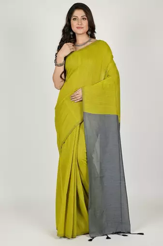 Yellow & grey fancy cotton handloom saree with blouse piece for women
