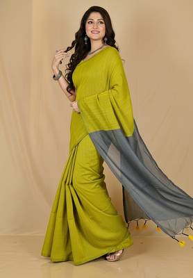 Yellow & grey fancy cotton handloom saree with blouse piece for women 4
