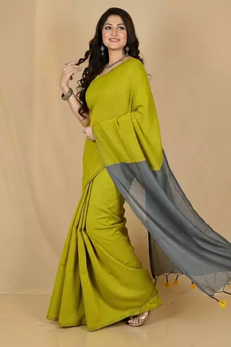 Yellow & grey fancy cotton handloom saree with blouse piece for women