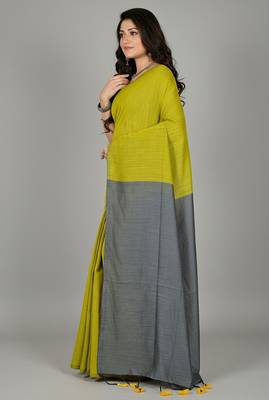 Yellow & grey fancy cotton handloom saree with blouse piece for women 5