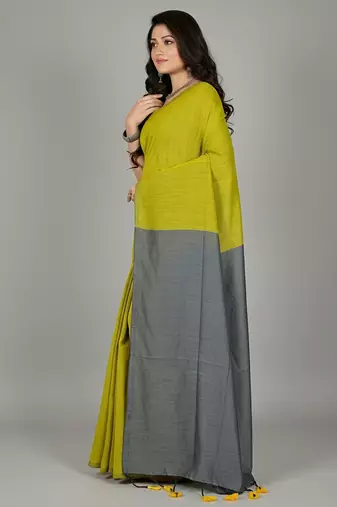 Yellow & grey fancy cotton handloom saree with blouse piece for women