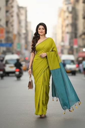 Yellow fancy cotton handloom saree with blouse piece for women