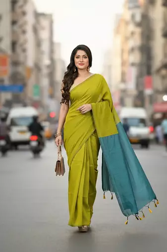 Yellow fancy cotton handloom saree with blouse piece for women